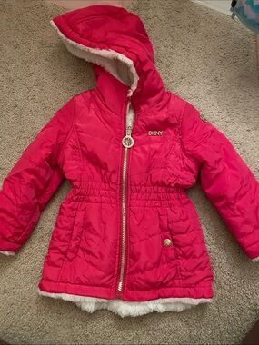 DKNY Girls' Bright Pink Reversible Hooded Quilted Puffer Coat